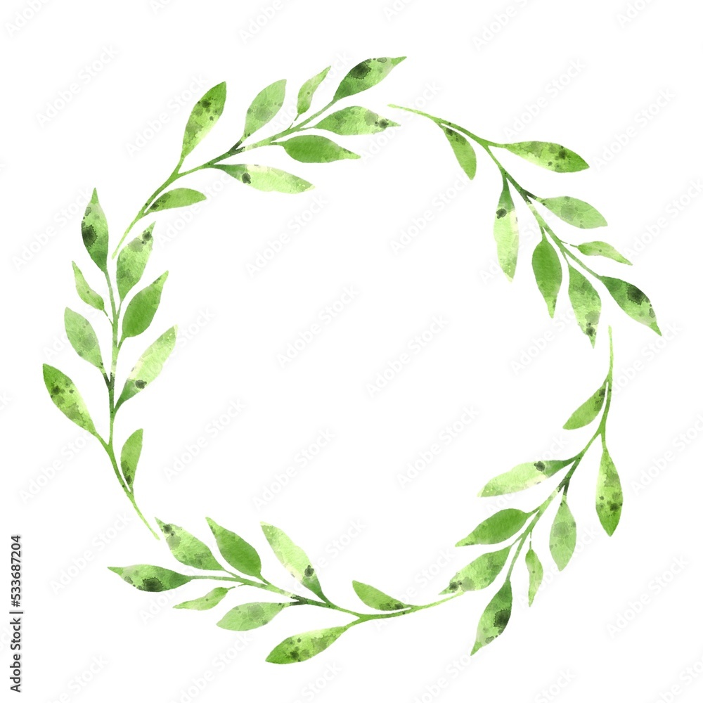 Botanical wreath of green branches and leaves. Watercolor Floral Design element for wedding invitations, greeting cards Botanical wreath of green branches and leaves. Watercolor Floral Design element for wedding invitations, greeting cards