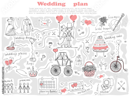 Doodle wedding set for invitation cards, including template design decorative elements