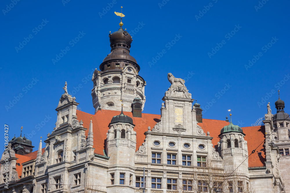 Tower and decorated facade of the new town hall in Leipzig, Germany