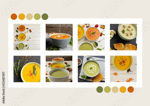 Composition of bowls with soup over blue background