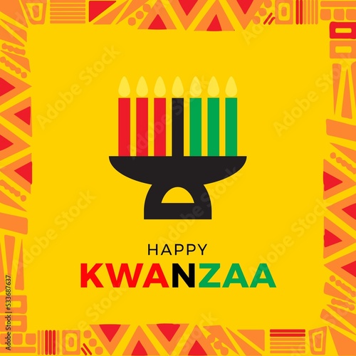 Composition of kwanzaa celebration text and kwanzaa candles on yellow background with pattern photo