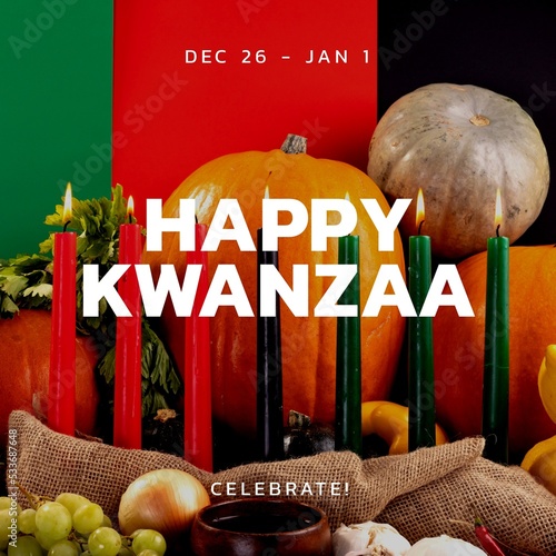 Composition of kwanzaa celebration text and kwanzaa candles and pumpkins