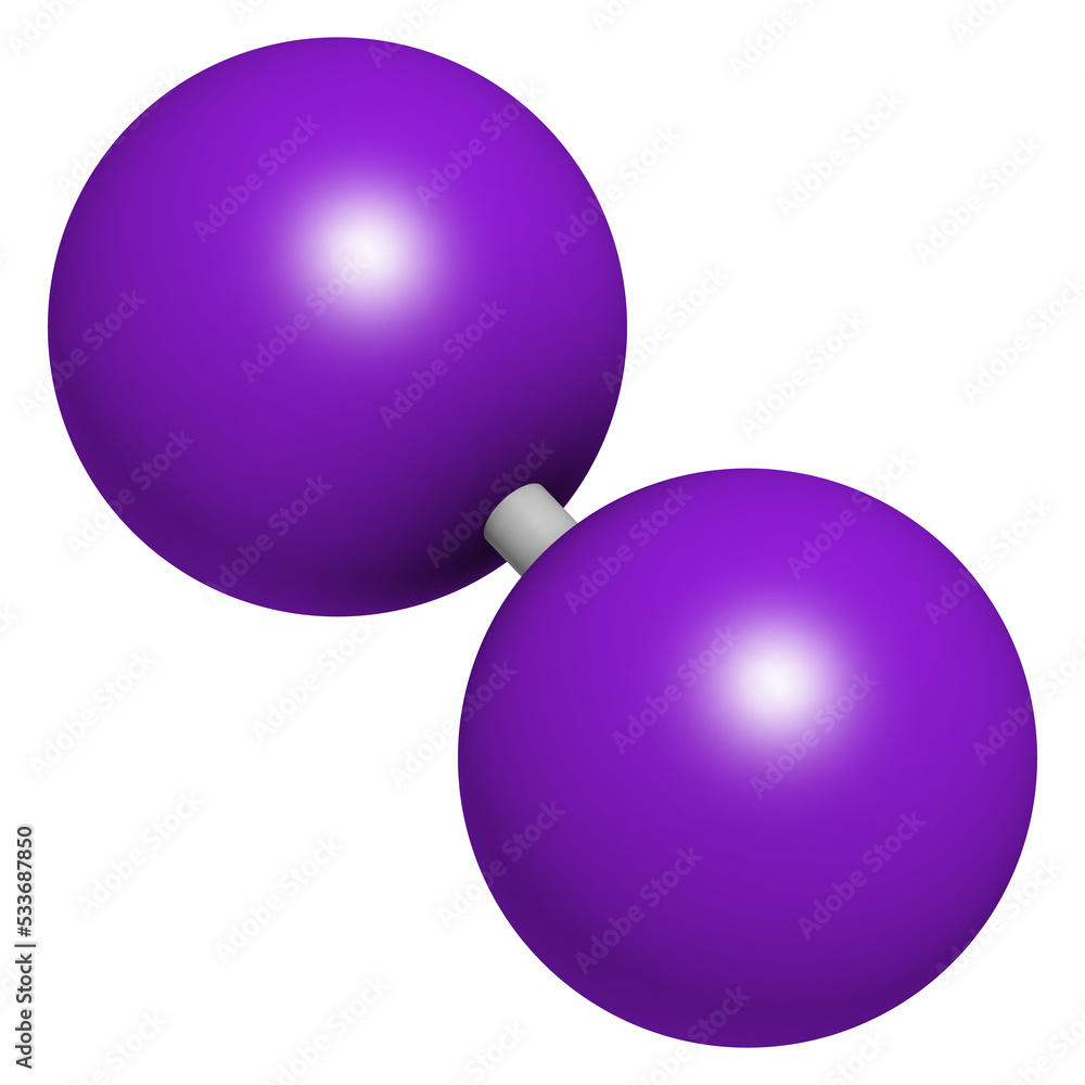 Iodine (I2) molecule. Solutions of elemental iodine are used as disinfectants.