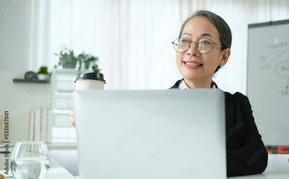 Beautiful middle age businesswoman wearing glasses using laptop in bright modern office. Beautiful middle age businesswoman wearing glasses using laptop in bright modern office.