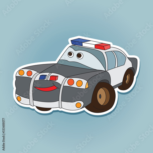 Cartoon police car sticker for boys. Small funny vector cute vehicle with eyes and mouth, funny smile auto icon.  Children vector color illustration for scrapbook. Comic character for kids 