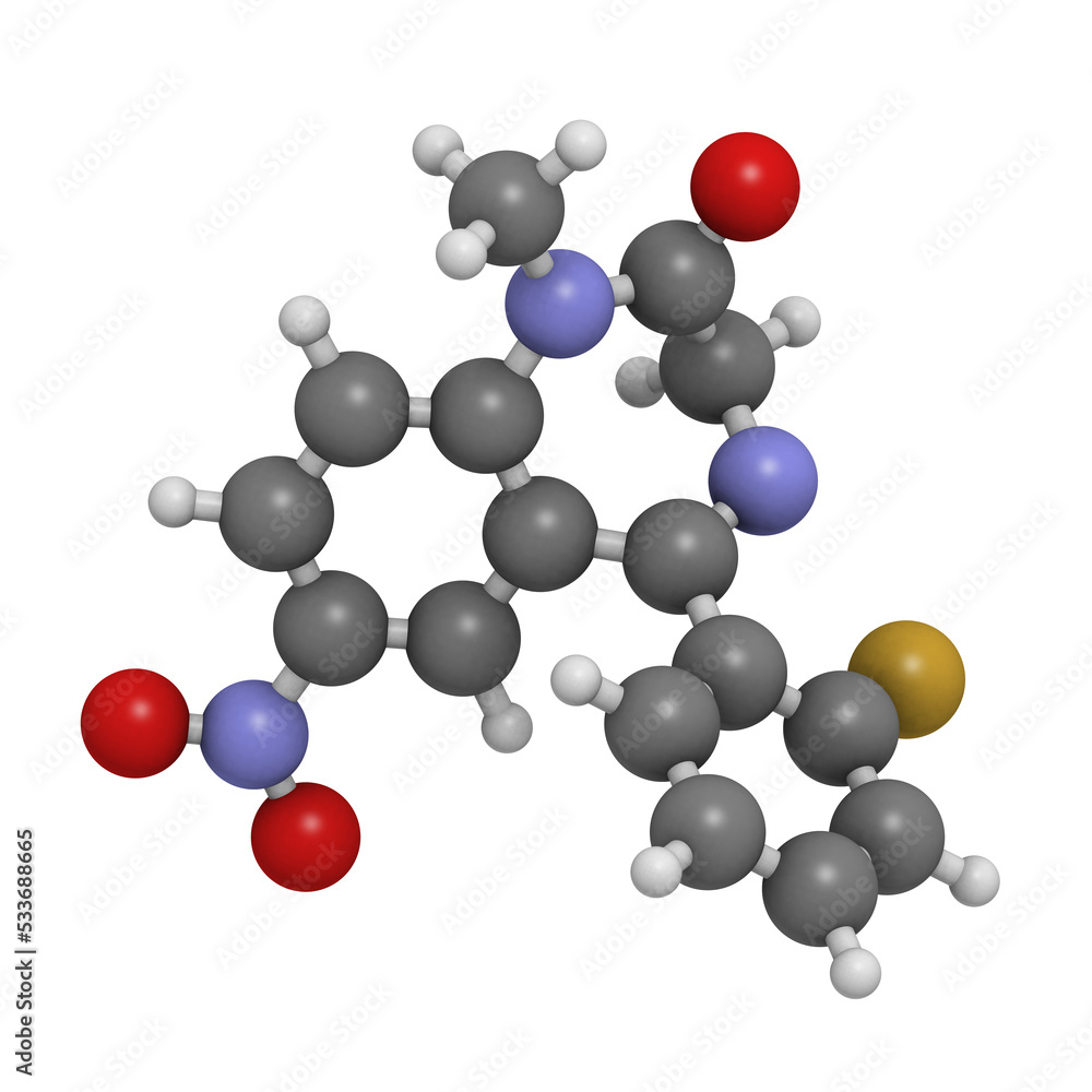 flunitrazepam benzodiazepine drug, molecular model flunitrazepam benzodiazepine drug, molecular model