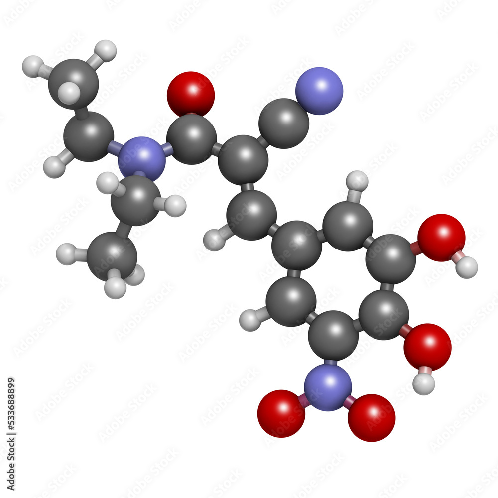 Entacapone Parkinson's disease drug, chemical structure. Entacapone Parkinson's disease drug, chemical structure.