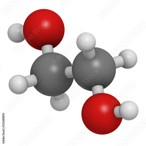 ethylene glycol car antifreeze and polyester building block, molecular model