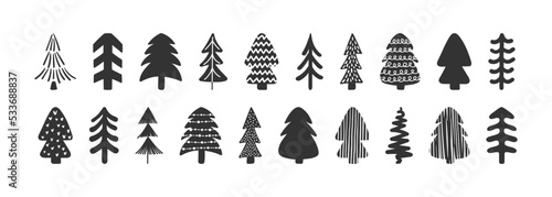 Vector cute hand drawn Christmas trees set on white background. Doodle ink scandinavian stylized spruce, childish fir silhouette icons collection. New Year symbol for print, web, winter decor