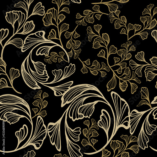 Binweed. Luxury gold floral seamless pattern. Beautiful flowers. Patterned leafy background. Repeat ornamental vector backdrop. Lines ornate binweeds leaves, branches. Vintage gold flowers ornaments