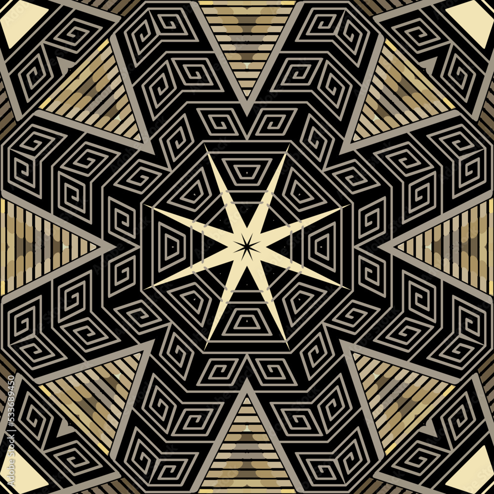 Striped halftone textured seamless pattern. Zigzag ornamental geometric ethnic background. Tribal repeat greek backdrop. Modern half tone ornaments with stripes, lines, zig zag, radial shapes, stars