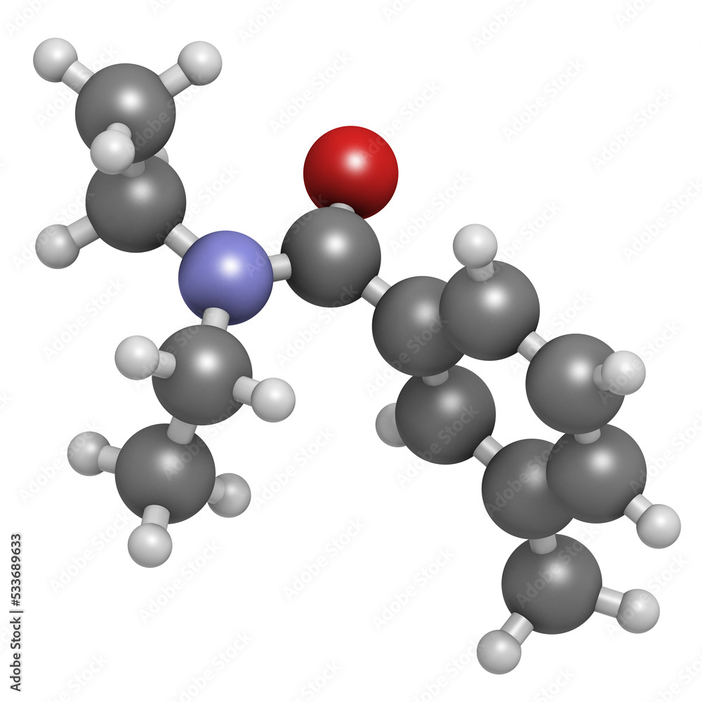 DEET insect repellent molecule. Used to protect against mosquitoes, chiggers, fleas, ticks, etc. Abbreviation for N,N-diethyl-meta-toluamide 3D rendering. DEET insect repellent molecule. Used to protect against mosquitoes, chiggers, fleas, ticks, etc. Abbreviation for N,N-diethyl-meta-toluamide 3D rendering.