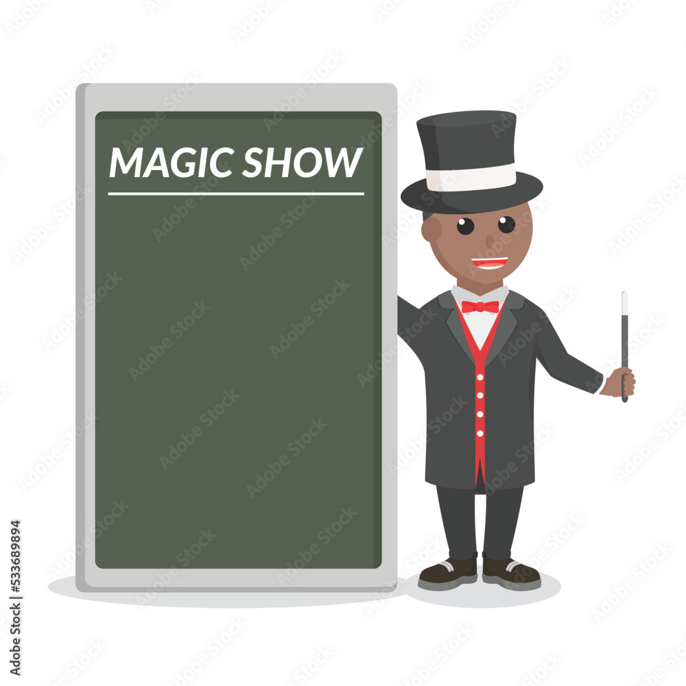 magician african with black board information design character on white background