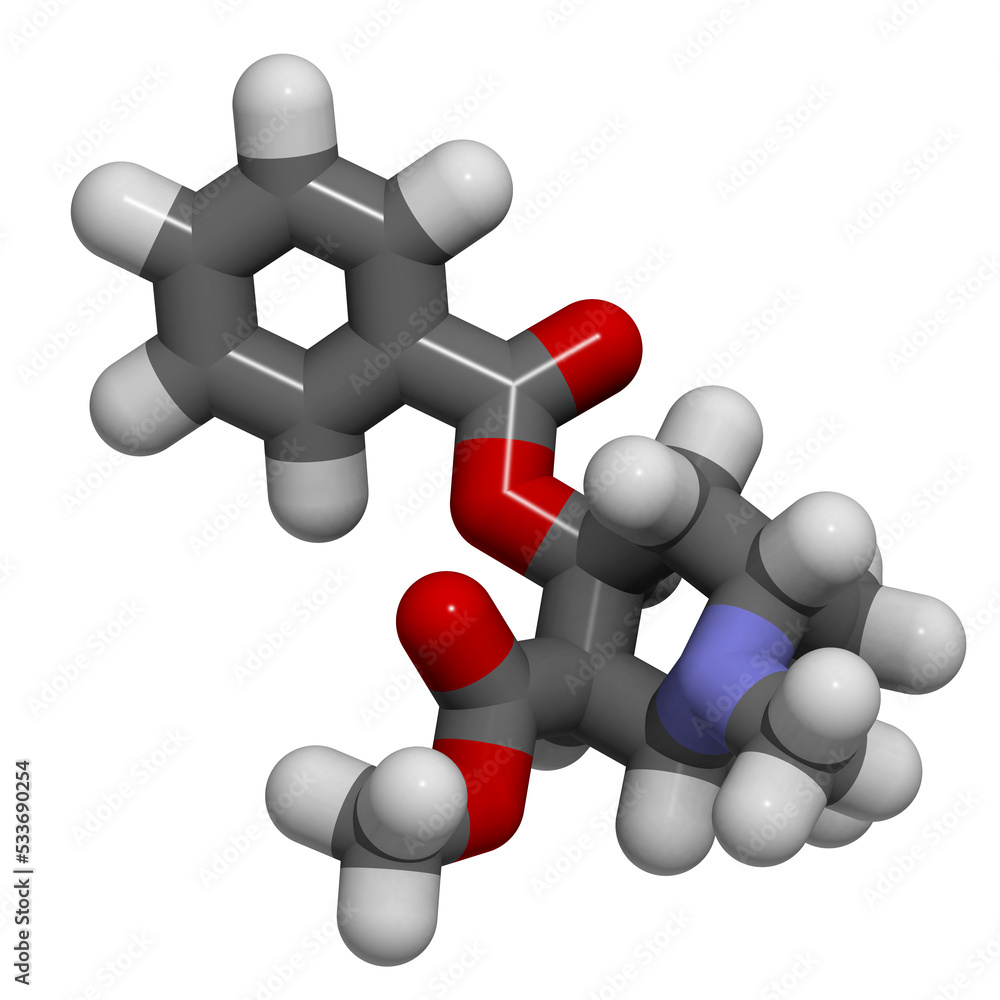Cocaine stimulant drug molecule. Used as salt or as free base (crack, freebase). Cocaine stimulant drug molecule. Used as salt or as free base (crack, freebase).