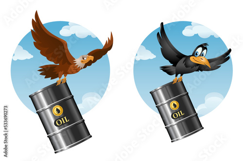 A flying eagle and a crow carry barrels of oil against a blue sky. Cartoon vector illustration for oil trade or transportation.
