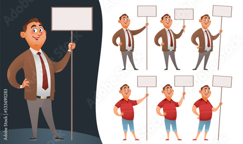 Set of funny cartoon man holding blank placard or banner for information, advertising or marketing.  Vector illustration. Isolated on white.

