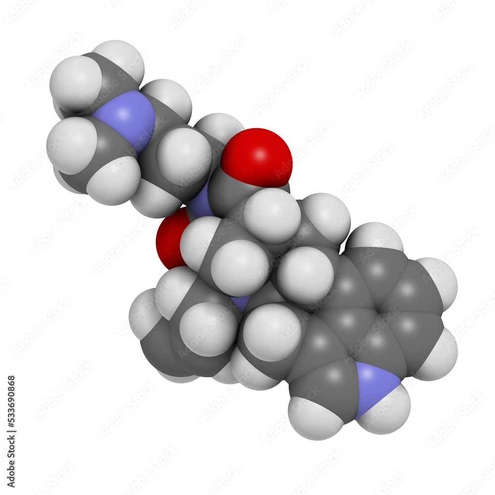 Cabergoline drug, chemical structure. Cabergoline drug, chemical structure.