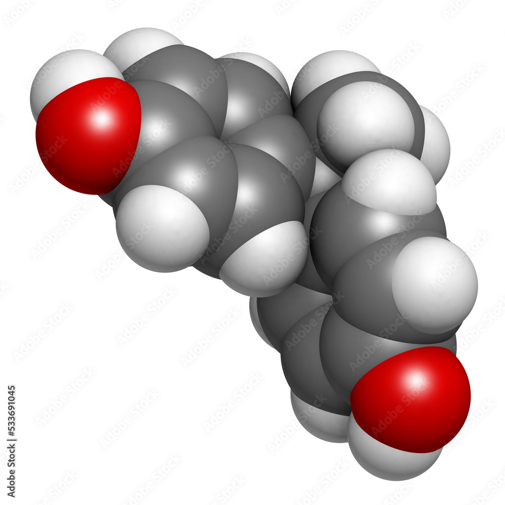 Bisphenol A (BPA) plastic pollutant, molecular model. Bisphenol A (BPA) plastic pollutant, molecular model.