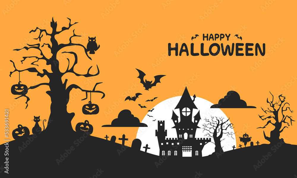 Halloween haunted castle silhouette and fly bat with a graveyard on orange background. Vector illustration flat design.