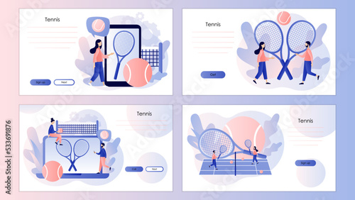 Tennis court, tennis rackets and balls. Sport club, group activity, training. Championship, tournament. Screen template for landing page, template, ui, web, mobile app, poster, banner, flyer. Vector 