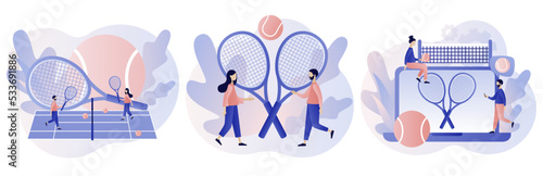 Tennis court, tennis rackets and balls. Sport club, group activity, training. Championship and tournament. Modern flat cartoon style. Vector illustration on white background
