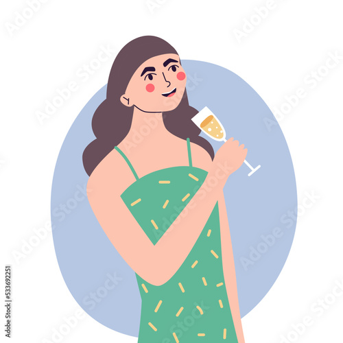 Happy young woman at celebration party. Birthday or New Year eve. Vector flat illustration, isolated on a white background