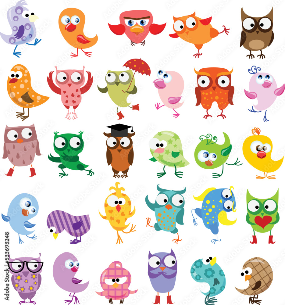 Vector illustrations set of cute different owl birds in the simple style Vector illustrations set of cute different owl birds in the simple style