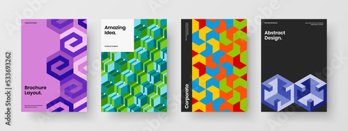Creative mosaic tiles postcard template set. Modern company brochure design vector layout composition.