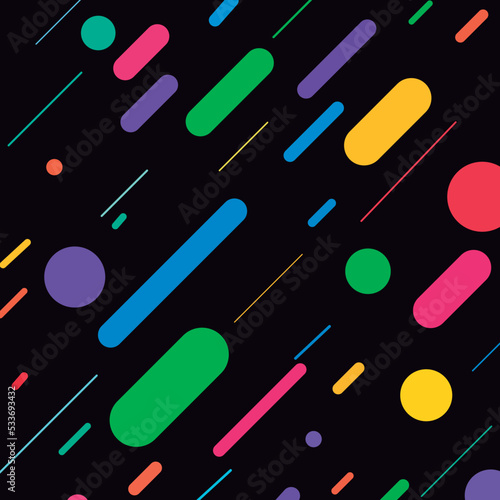 Diseño vectorial con lineas y circulos de colores en un fondo negro