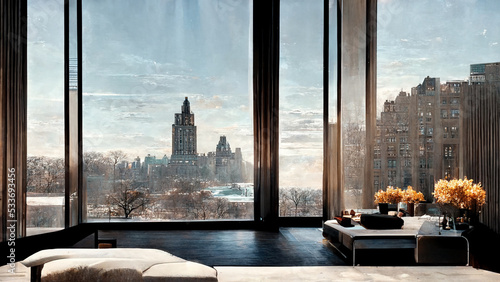 Concept art illustration of Manhattan penthouse interior design in New York City