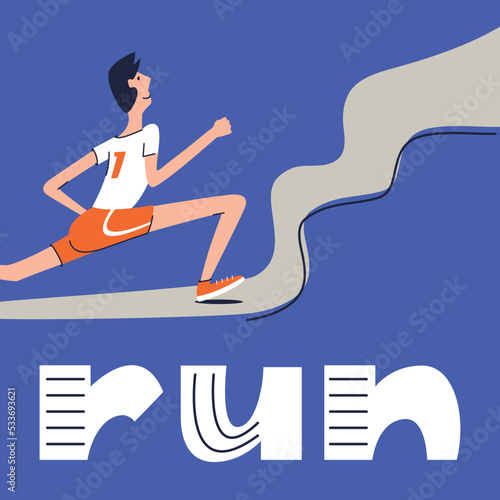 A running marathon runner aims to win the competition. Lettering of the word run in flat graphic style. The young man quickly runs up the track to the finish line. Athlete running for short distances.