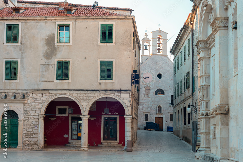 Republic square and street of The King Tomislav in the center of old town of Sibenik, Croatia