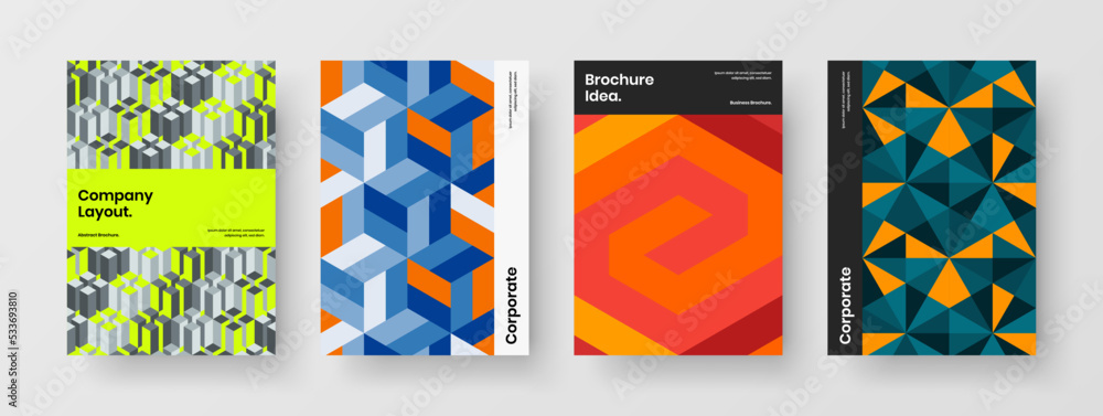 Colorful mosaic hexagons brochure layout set. Isolated pamphlet vector design template bundle.