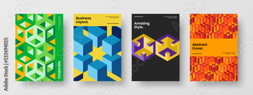 Creative geometric tiles company brochure illustration bundle. Amazing handbill A4 vector design layout collection.