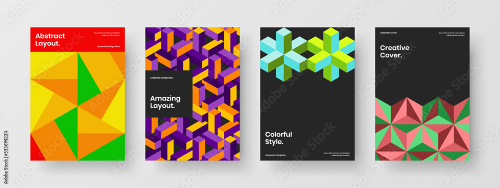 Simple journal cover A4 vector design concept collection. Colorful mosaic shapes poster layout set.
