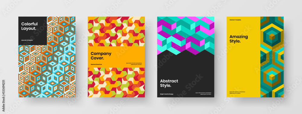 Bright geometric pattern journal cover layout bundle. Creative presentation design vector concept composition.