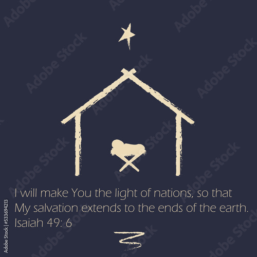 Christmas scene of baby Jesus in a manger in silhouette, Christian Christmas star with the text Birth of Christ, vector banner