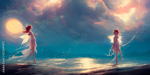 children's tale fairies over the sea. banner with magic fairies. Fantastic hand-painted illustration of fairy godmothers. Illustration of a fantastic story in color. fairy tale image