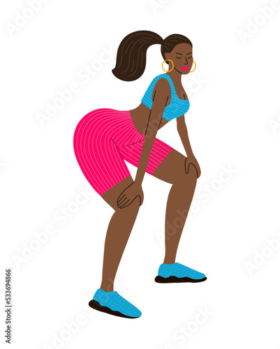 Beautiful African American girl dressed in colorful crop top and cycling shorts dancing twerk. EPS 10 vector illustration.