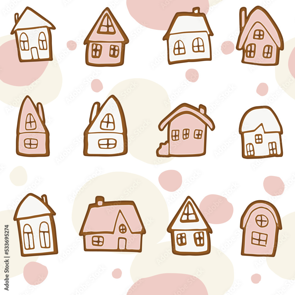Gingerbread house seamless pattern on fantasy abstract background with pink ovals and circles. Hand drawn christmas cookies with white and pink icing. Flat cartoon style vector illustration