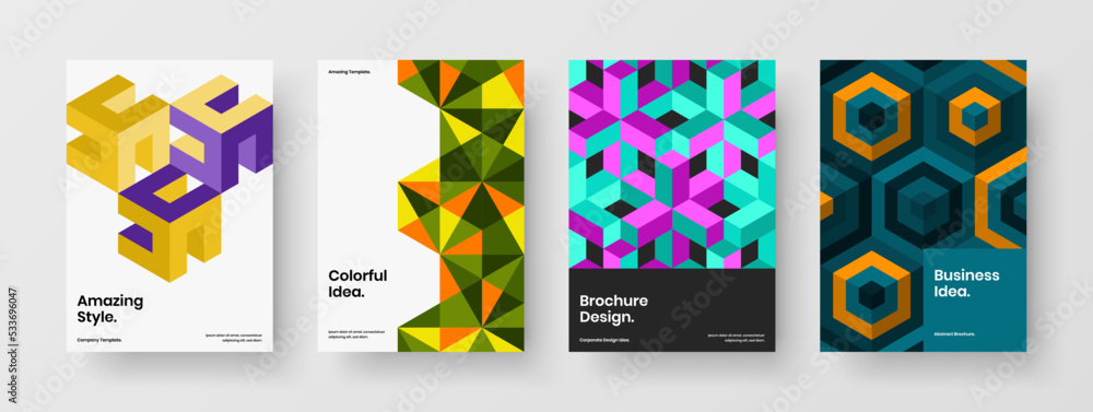 Obraz premium Bright mosaic hexagons postcard illustration collection. Colorful placard design vector template set.