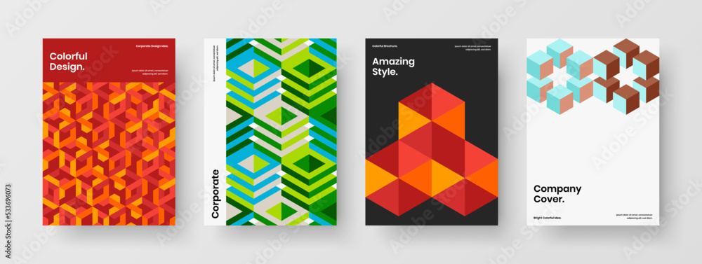 Simple leaflet A4 vector design concept set. Trendy geometric shapes catalog cover layout bundle.