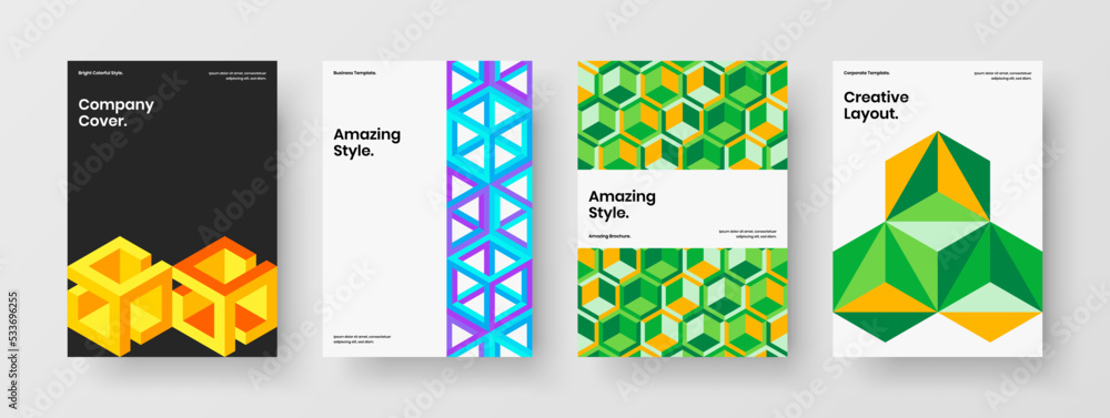 Unique poster vector design illustration collection. Bright mosaic pattern annual report concept set.