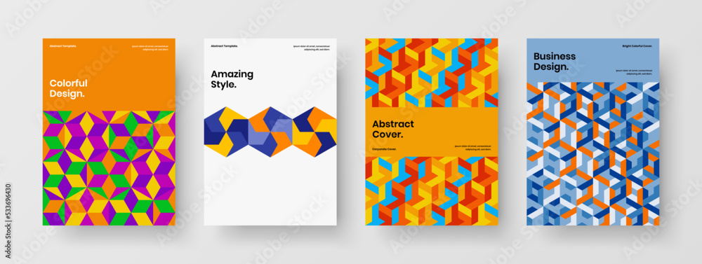 Naklejka premium Clean annual report A4 design vector concept bundle. Modern mosaic shapes presentation layout set.