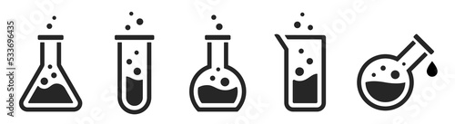 Lab flask icon set. Chemical test tube collection. Сhemistry and biology symbol. Experiment flasks, laboratory glassware, or beaker equipment icons. Health medical lab logo - stock vector