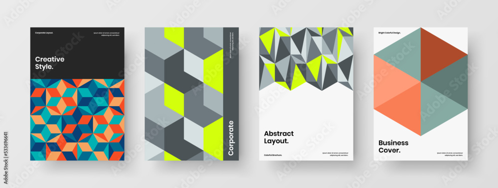 Vivid geometric pattern company cover template set. Colorful corporate identity design vector illustration collection.