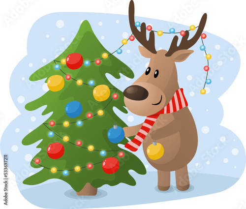 Cartoon deer decorating Christmas tree. Cute Christmas seasonal illustration in flat cartoon style.