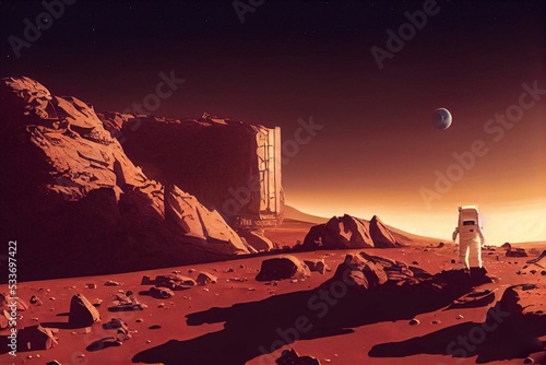 Fotobehang 3D rendering of an astronaut near Mars colony in red colors
