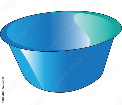 Blue bucket of water. Splash and splatter. Cleaning the house. Object for washing. Blue puddle on the floor. Liquid pours out. Cartoon flat illustration