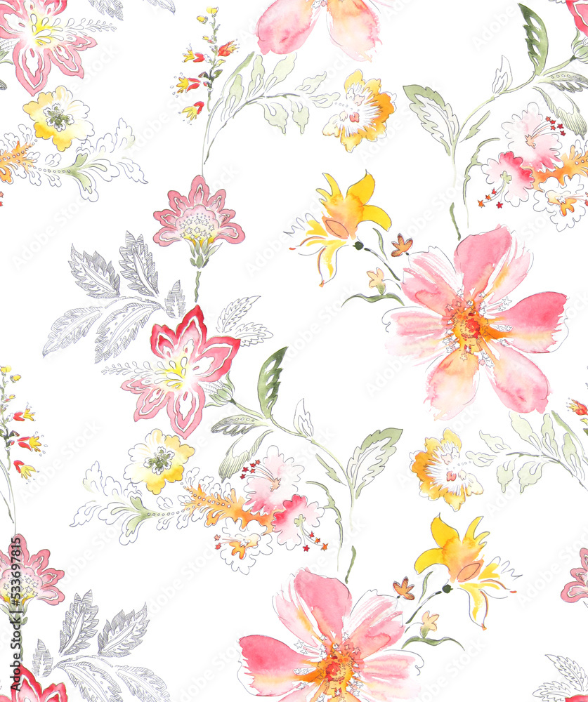 Fototapeta premium Watercolor seamless pattern with flowers. Perfect for wallpaper, fabric design, wrapping paper, surface textures, digital paper.